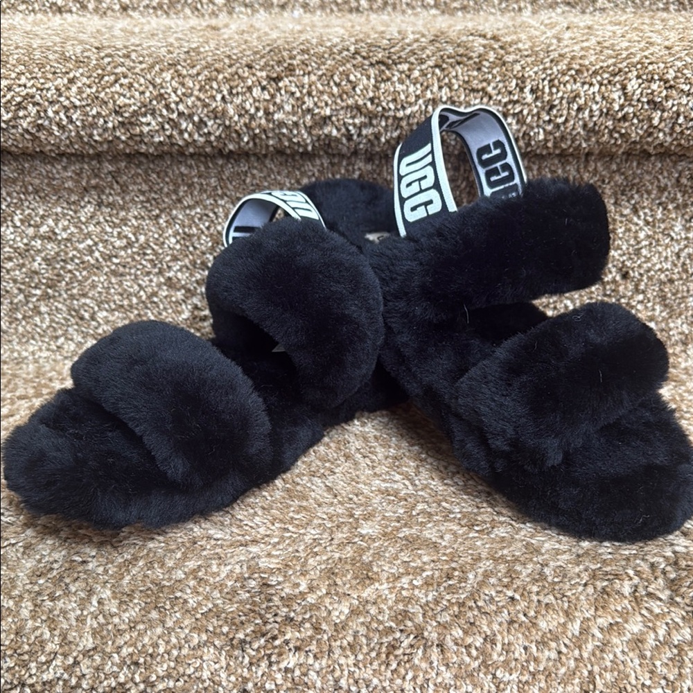 UGG Black Fluffy Sandals